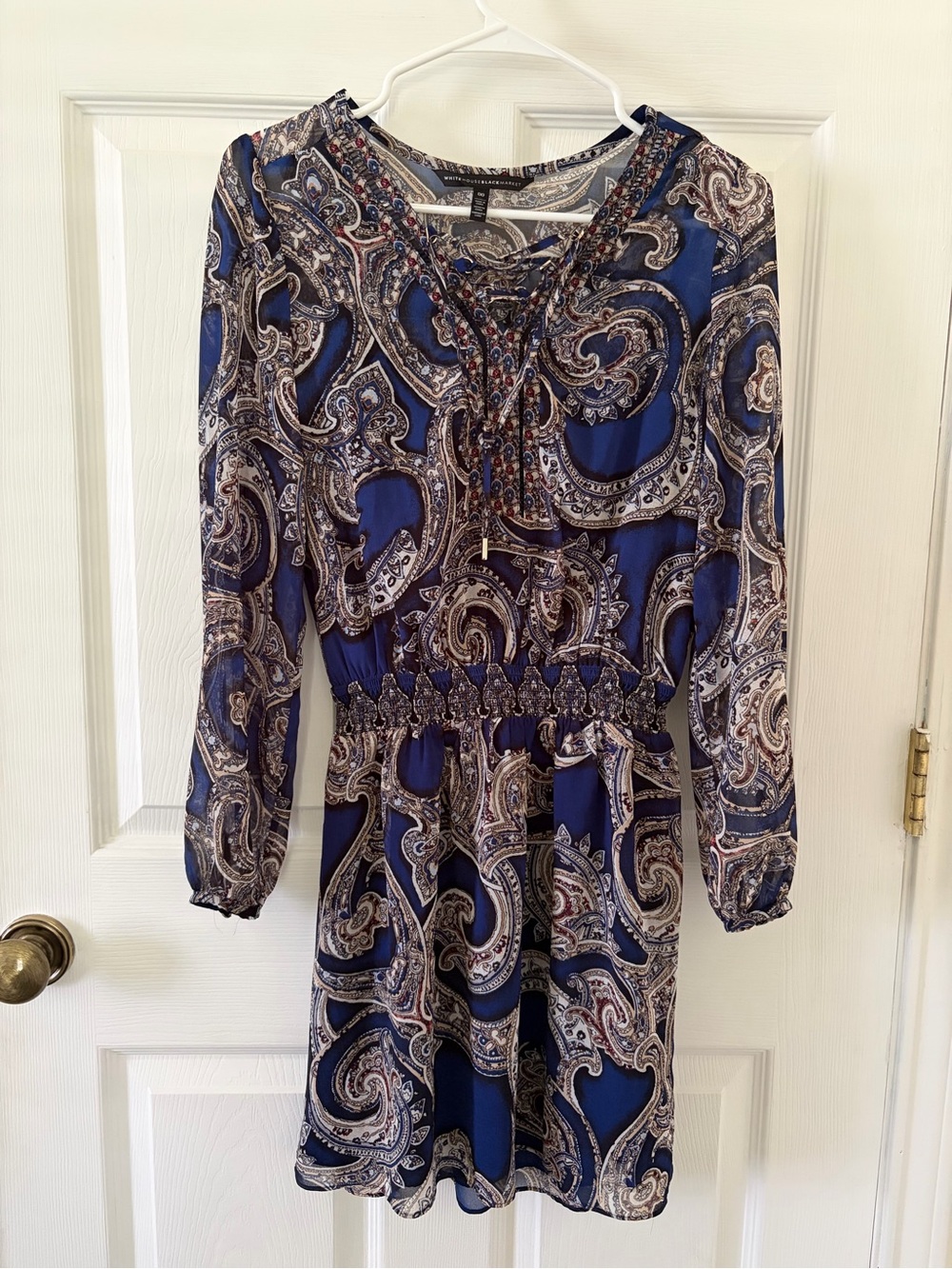 White House Black Market Navy Paisley Long-Sleeve Tie-Neck Dress